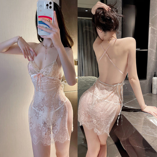 Plus Size Sexy Lace Seduction Backless Plump Girls Lace-up Pajamas