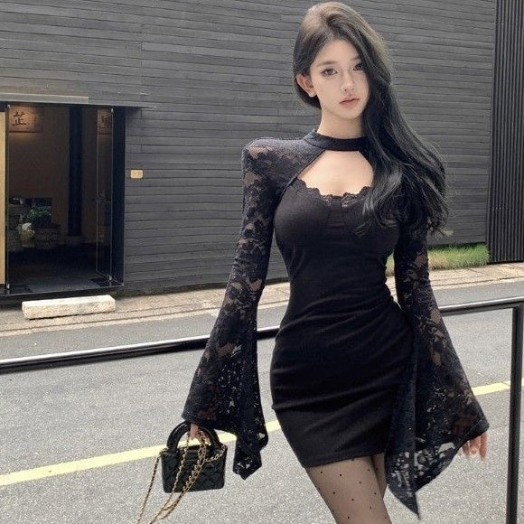 Pure Desire Sexy Sweet Hot Girl Backless Lace Long Sleeve Dress